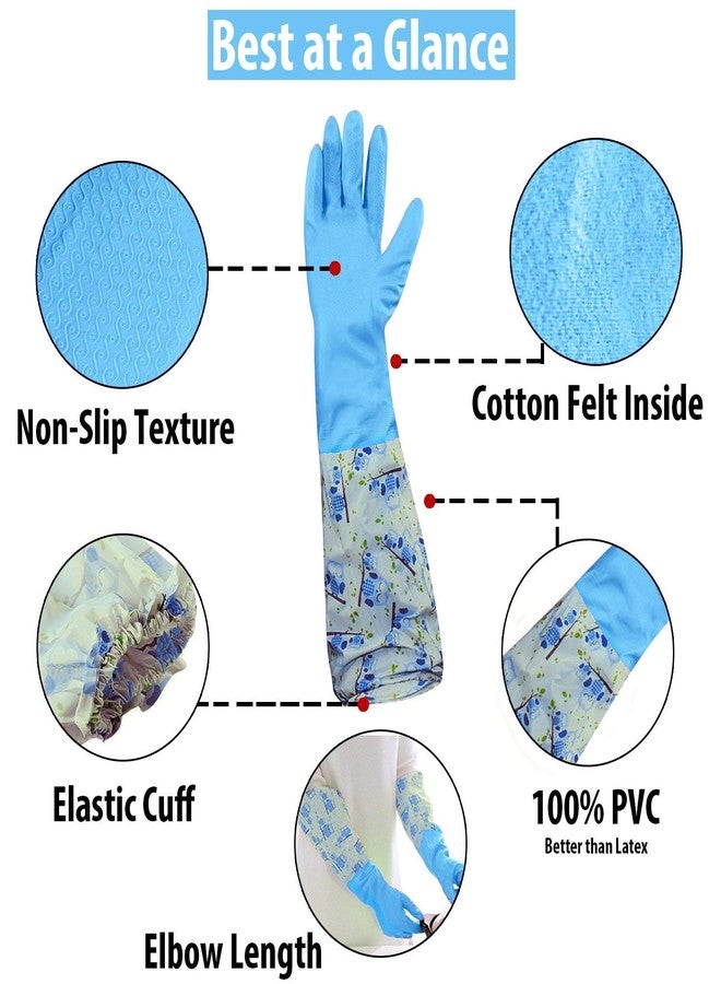 PUHBRHY Reusable Rubber Latex PVC Flock lined Long Sleeves elbow length Hand Gloves for Kitchen Dish-Washing, Cleaning, Gardening, Laundry and Sanitation and Lab Work (2 pair- Blue) - Image 2